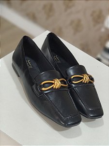 Sapato Mocassim Feminino Detalhes Em Laço Cor Preto