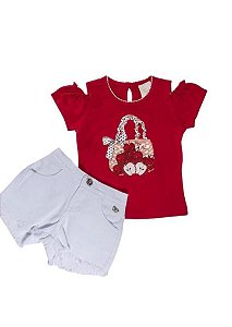 Conjunto para Bebê Blusinha em cotton e Short Branco Barra Desfiada Maças