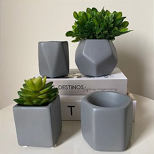 Kit Mini Vasinhos Geométricos Cerâmica Cinza