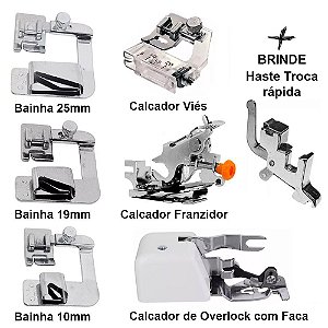 Kit Calcador Overlock + 3 Calcador de Bainha 10mm 19mm 25mm + Calcador Franzidor + Calcador de Pregar Viés