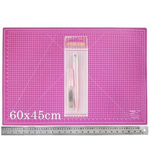 Kit Base de Corte Rosa 60x45cm + Estilete Precisão + Régua Metal 60cm