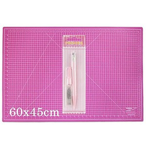 Kit Base de Corte Rosa 60x45cm + Estilete Precisão Rosa + Lâminas