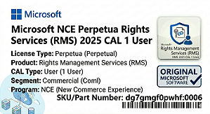 Licença Microsoft NCE Perpetua Rights Management Services (RMS) 2025 CAL 1 User Coml dg7gmgf0pwhf-0006