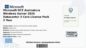 Licença Microsoft NCE Assinatura Windows Server 2025 Datacenter 2 Core Lic Pack 3 Anos Coml dg7gmgf0pwhd-0005a