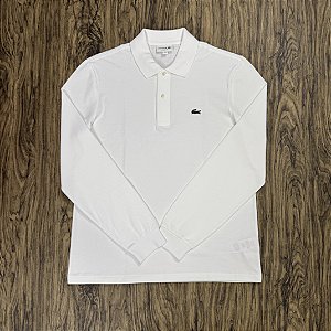 Polo Lacoste Regular Fit Manga Longa Branca