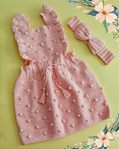 Jardineira Bia com Tiara em Crochê Blush Salmão