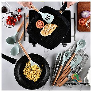 Conjunto e Suporte de Utensílios Cozinha em Silicone e Cabo de Madeira c/12 Pçs