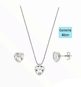 Conjunto Colar Brinco Ponto de Luz Coração Prata 925