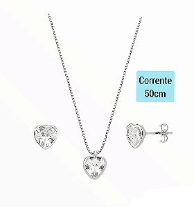 Conjunto Colar Brinco Ponto de Luz Coração Prata 925
