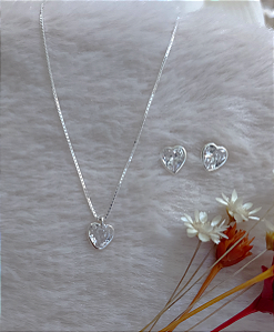 Conjunto Colar Brinco Ponto de Luz Coração Prata 925