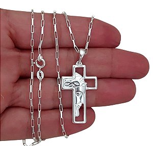 Corrente Cartie Pingente Cruz Face de Cristo Prata 925 70cm