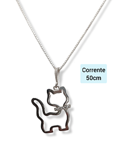 Corrente Com Pingente Gato Gatinho Pet Prata 925 50cm