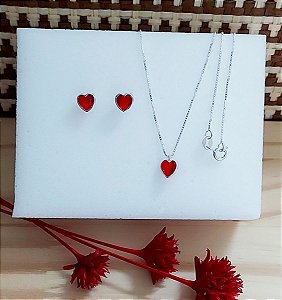 Conjunto Colar e Brinco Coração Vermelho Prata 925 45cm
