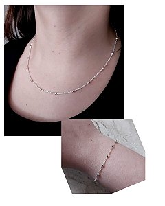 Conjunto Singapura de Pulseira e Corrente Bolinha Prata 925