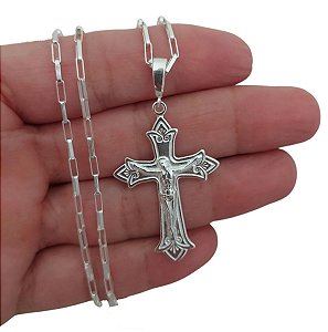 Corrente Cartie com Pingente Cruz Cristo Prata 925 70cm