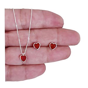 Conjunto Feminino Colar e Brinco Coração Vermelho Prata 925 40cm