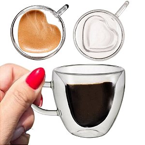 Dupla de Canecas Parede Dupla Coração em vidro Borossilicato 80ml / 150ml / 230ml (Consulte variações)
