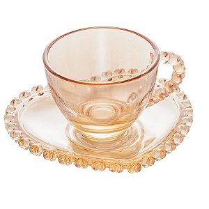 Xícara de Chá De Café Cristal Âmbar Com Pires Coração 170ml Lyor