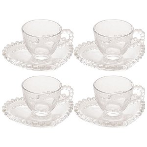 Jogo de 4 Xícaras de Café Chá Cristal 85ml Pearl com Pires de Coração Wolff