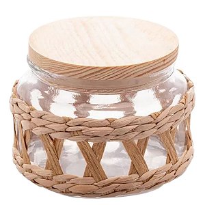 Pote Porta Mantimentos de Vidro com Sisal e Tampa de Madeira 350ml Wolff