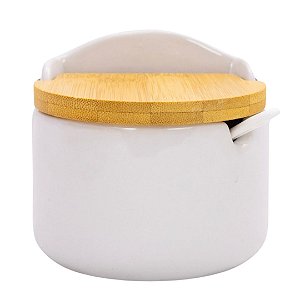 Saleiro Porta Condimento de Cerâmica Com Colher Bianco e Tampa de Bambu Lyor
