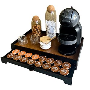 Bandeja Porta 40 Capsulas Gaveta Embutida Decorativa Dolce Gusto Grande MDF Preta com Amadeirado Caramelo