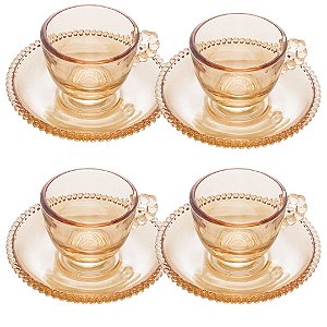 Jogo de 4 Xícaras Cristal com Pires Pearl Âmbar Bolinha 80ml Wolff