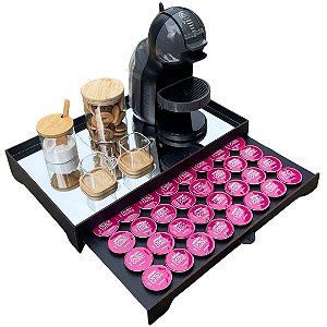 Bandeja Preta Espelhada Para Porta 40 Capsulas Cafeteira com Gaveta Embutida decorativo Dolce Gusto Três Corações Nespresso grande mdf