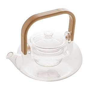 Chaleira de Vidro Borossilicato Com Copo Infusor e Alça em Bambu 800ml Wolff