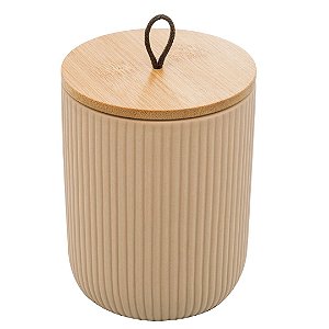 Potiche de Cerâmica com Tampa Hermética de Bambu e Pegador de Corda Lines Bege Multiuso Lyor