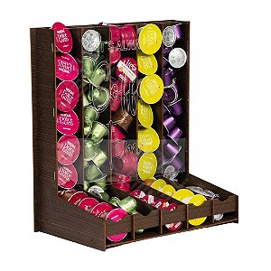 Suporte Organizador Capsulas Universal Porta Capsulas Com Visor de Acrílico Marrom Dolce Gusto Três Corações Nespresso Delta Q e Nespresso Vertuo Cantinho do Cafe Torre Mdf