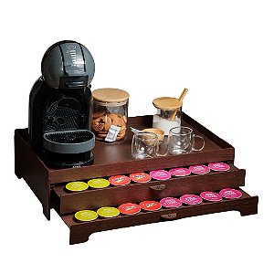 Bandeja Com 2 Gavetas Embutida Porta 80 Cápsulas Marrom Dolce Gusto Três Corações Nespresso MDF