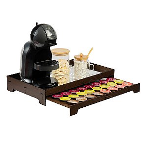 Bandeja Marrom Espelhada Porta 40 Capsulas Cafeteira com Gaveta Embutida decorativo Dolce Gusto Três Corações Nespresso em MDF