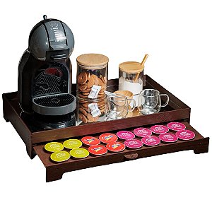 Bandeja Marrom Espelhada Porta 40 Capsulas Cafeteira com Gaveta Embutida decorativo Dolce Gusto Três Corações Nespresso em MDF