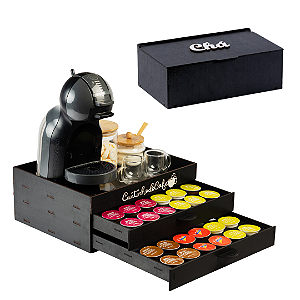 Kit 2 Peças Bandeja Cantinho do Café Porta 48 Capsulas + Porta Saches de Chá com 6 divisórias Mdf