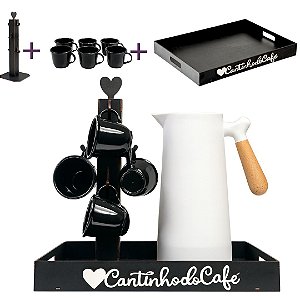 Conjunto Completo para Cantinho do Café 3 peças Bandeja, Suporte de Xícaras e Jogo de 6 xícaras 100ml