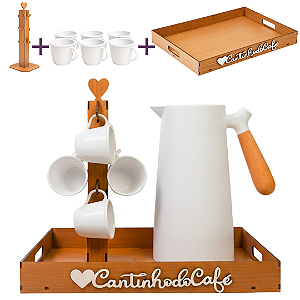 Conjunto Completo para Cantinho do Café Caramelo 3 peças Bandeja, Suporte de Xícaras e Jogo de 6 xícaras 100ml