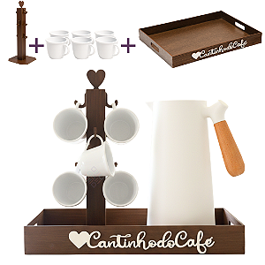 Conjunto Completo para Cantinho do Café Marrom 3 peças Bandeja, Suporte de Xícaras e Jogo de 6 xícaras 100ml
