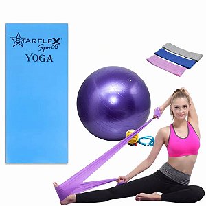Kit Pilates com 3 faixas poliester + 1 Theraband + 1 Bola Suiça 55cm + 1 Tapete EVA