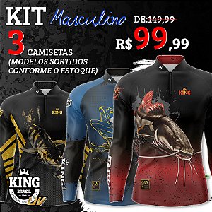 KIT MASCULINAS - 3 CAMISETAS MASCULINAS KING BRASIL (SORTIDAS) - PROTEÇÃO UV