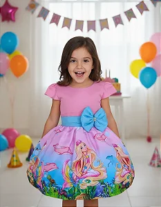 Vestido Temático Barbie Sereia Luxinho - Fantasia Infantil para Menina