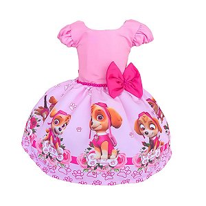 Vestido Temático Luxo Patrulha Canina Rosa Pérolas