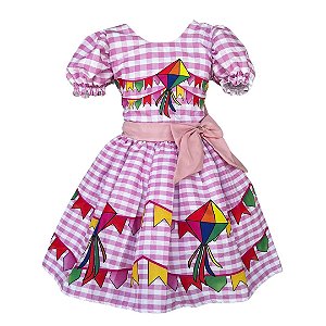 Vestido Festa Junina São João Quadrilha Caipira Xadrez Rosa Laço Rosa