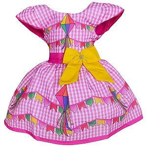 Vestido Festa Junina São João Quadrilha Caipira Xadrez Rosa Laço Amarelo
