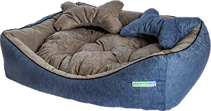 Caminha pet luxo com travesseiro e almofada dupla face, suede azul com cinza