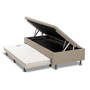 Cama Box Baú Solteiro com Auxiliar Mola Bonnel Sintético Bege 56x78x188