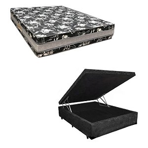 Cama Base Box Baú Casal Super Black Suede Preto + Colchão Casal Super Black D33  26x138x188