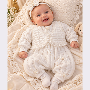 Conjunto Batizado Bebê Feminino Macacão Lã Bambinaio 2015