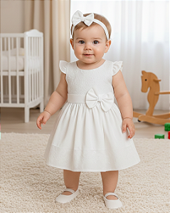 Vestido Bebê Batizado Renda e Strass com Faixa Cabelo 206