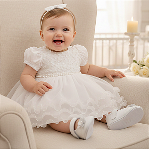 Vestido Batizado Bebê Manga Curta Tule com Pérolas 086